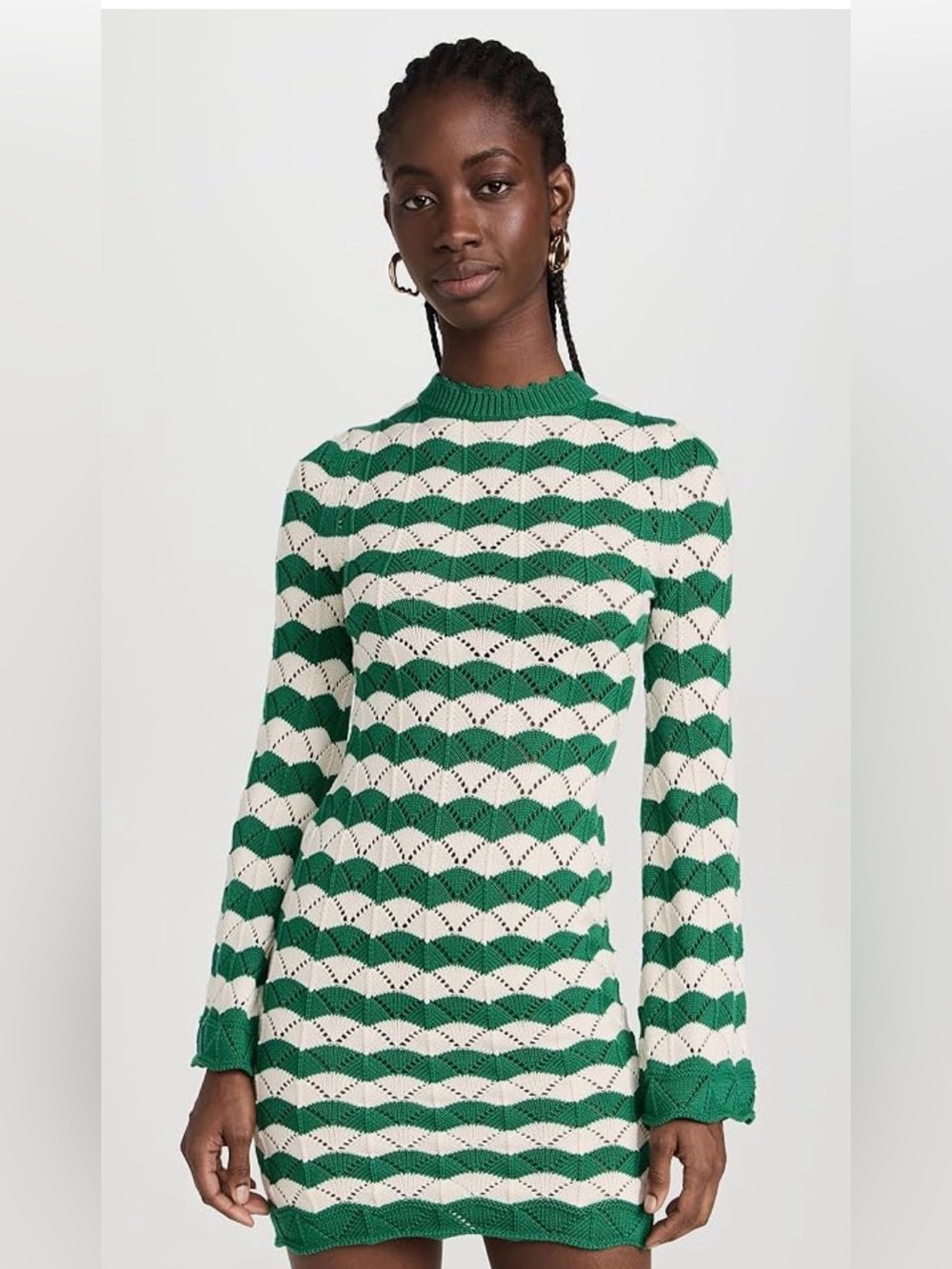 Misa Los Angeles Green and Cream Striped Knit Mock Turtleneck Dress